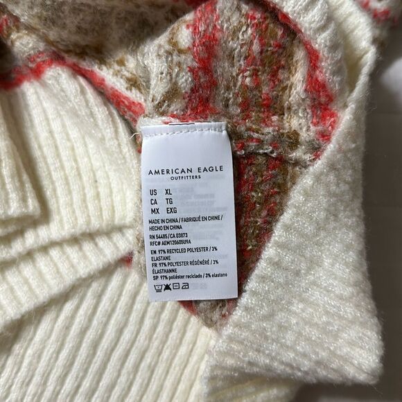 AE Whoa So Soft Fair Isle Crewneck Relaxed Knit Cream Tan Red Preppy Sweater - Picture 4 of 16